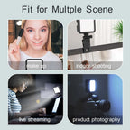 Square black LED panel light, front and back, with two dials, a phone clip, a cold shoe mount and a USB-C cable