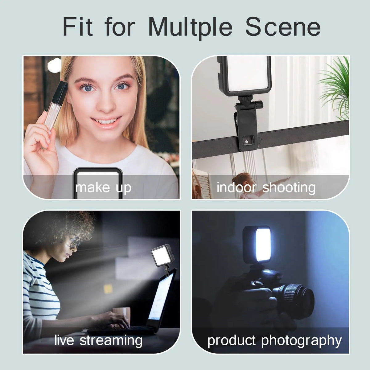 Square black LED panel light, front and back, with two dials, a phone clip, a cold shoe mount and a USB-C cable