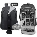 Black camera backpack shown closed and open, with grey dividers holding a DSLR, several lenses and a flash