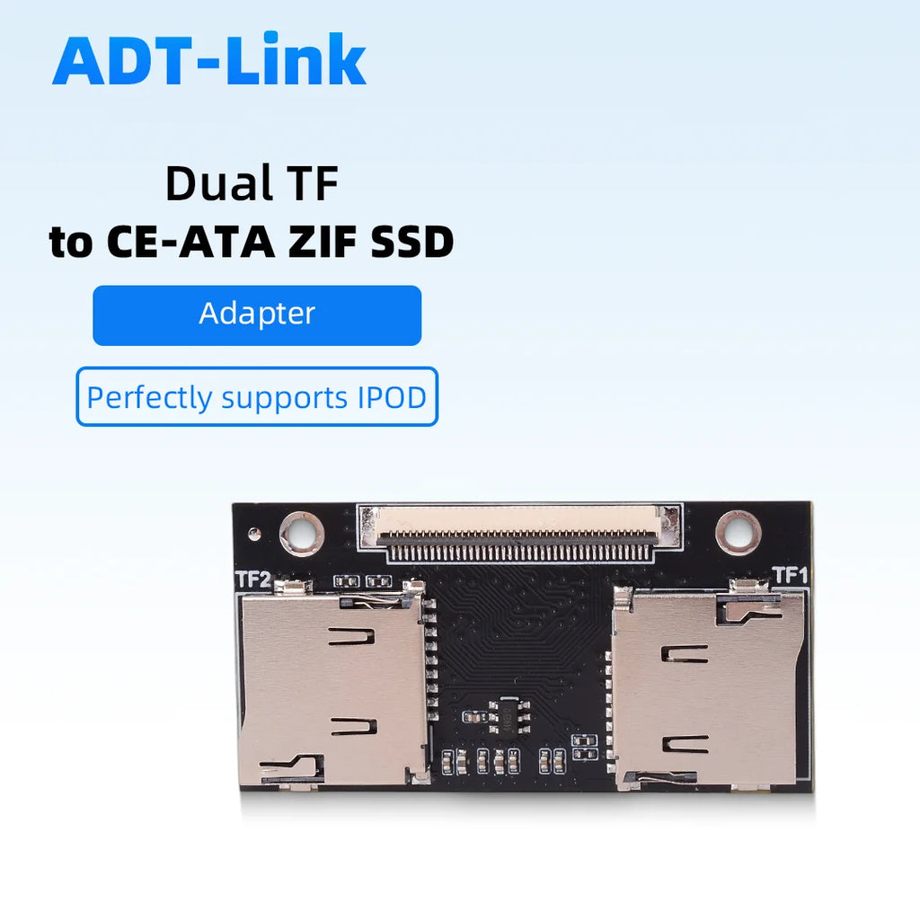 Small black circuit board with two microSD slots marked TF1 and TF2 and a flat ribbon connector along the top edge