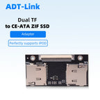 Small black circuit board with two microSD slots marked TF1 and TF2 and a flat ribbon connector along the top edge