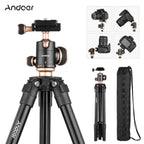 Black and gold Andoer tripod with a panoramic ball head and quick release plate, shown folded beside a black drawstring bag