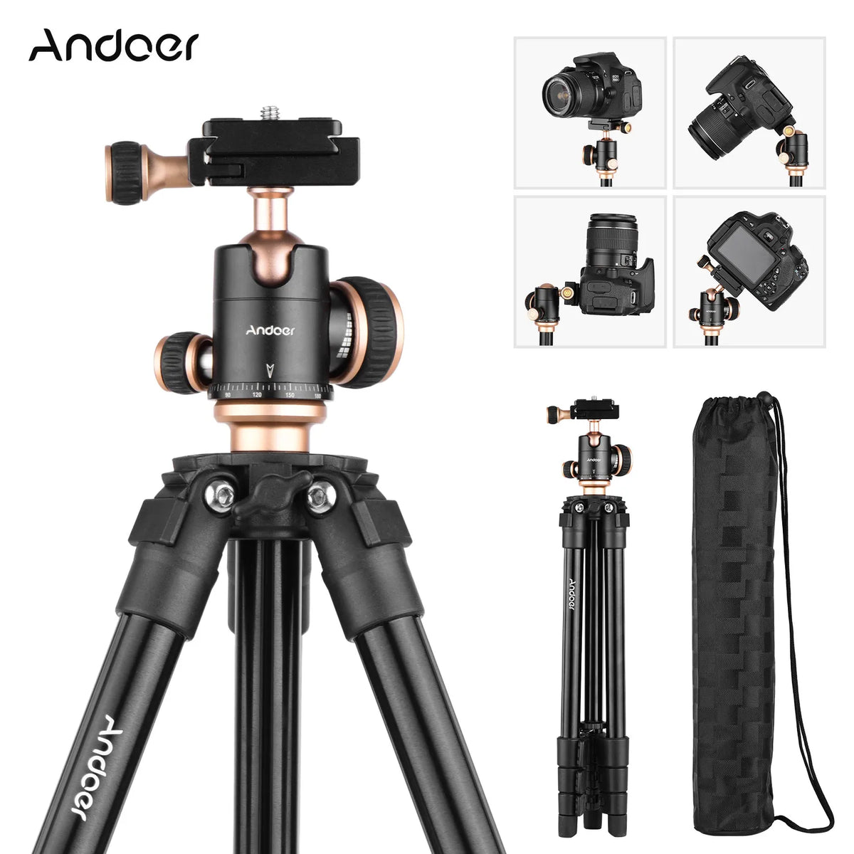 Black and gold Andoer tripod with a panoramic ball head and quick release plate, shown folded beside a black drawstring bag