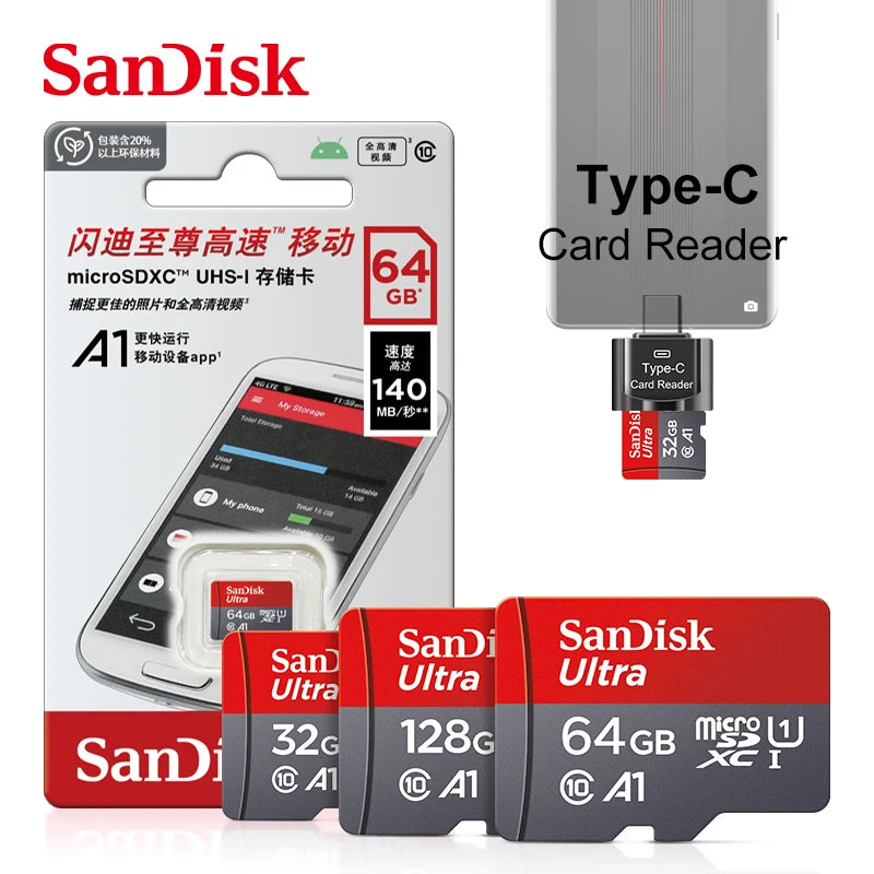 SanDisk Ultra microSD cards in 32, 64 and 128GB beside a retail pack and a small Type-C card reader