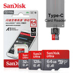 SanDisk Ultra microSD cards in 32, 64 and 128GB beside a retail pack and a small Type-C card reader