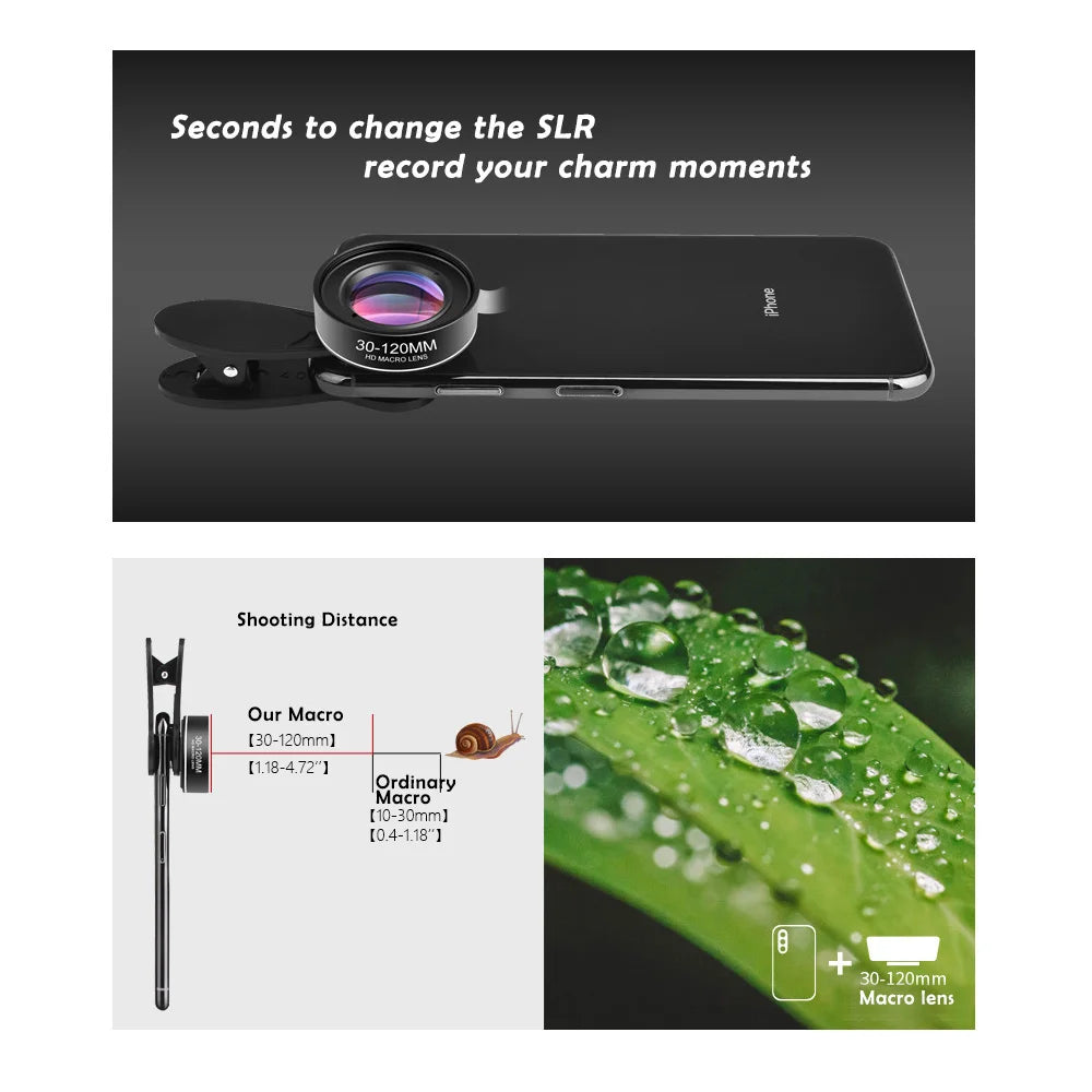 Black clip-on macro phone lens with a spring clip behind it, shown against a photo of a blue butterfly on flowers