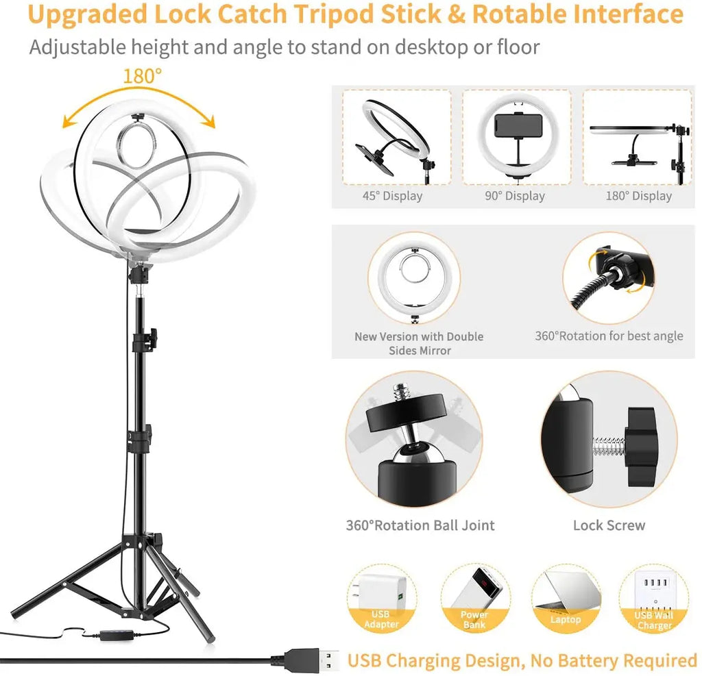 Black LED ring light shown on a small tabletop tripod and on a tall floor stand holding a phone, with a small remote