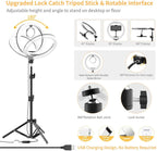 Black LED ring light shown on a small tabletop tripod and on a tall floor stand holding a phone, with a small remote
