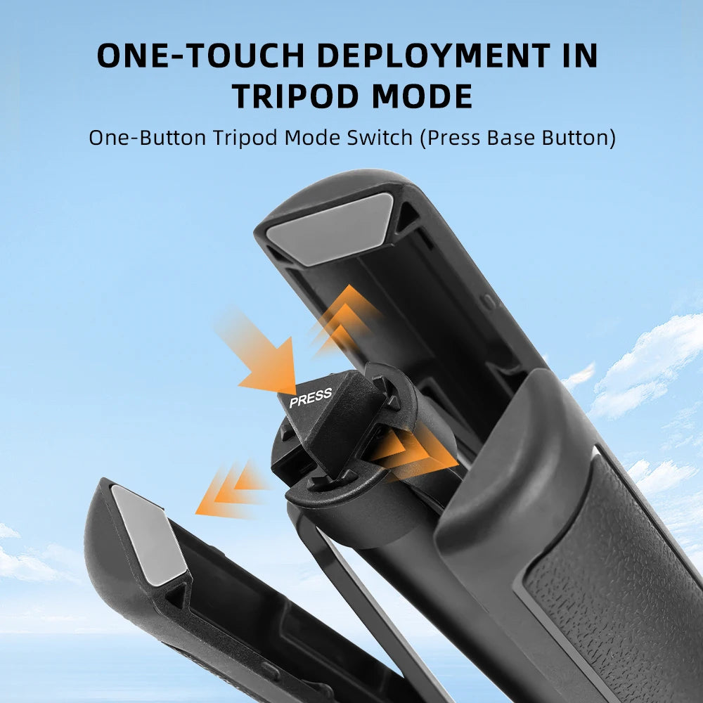 Black Flymile stick held with a pocket gimbal camera, set up as a tall tripod, and as a short grip with an action camera