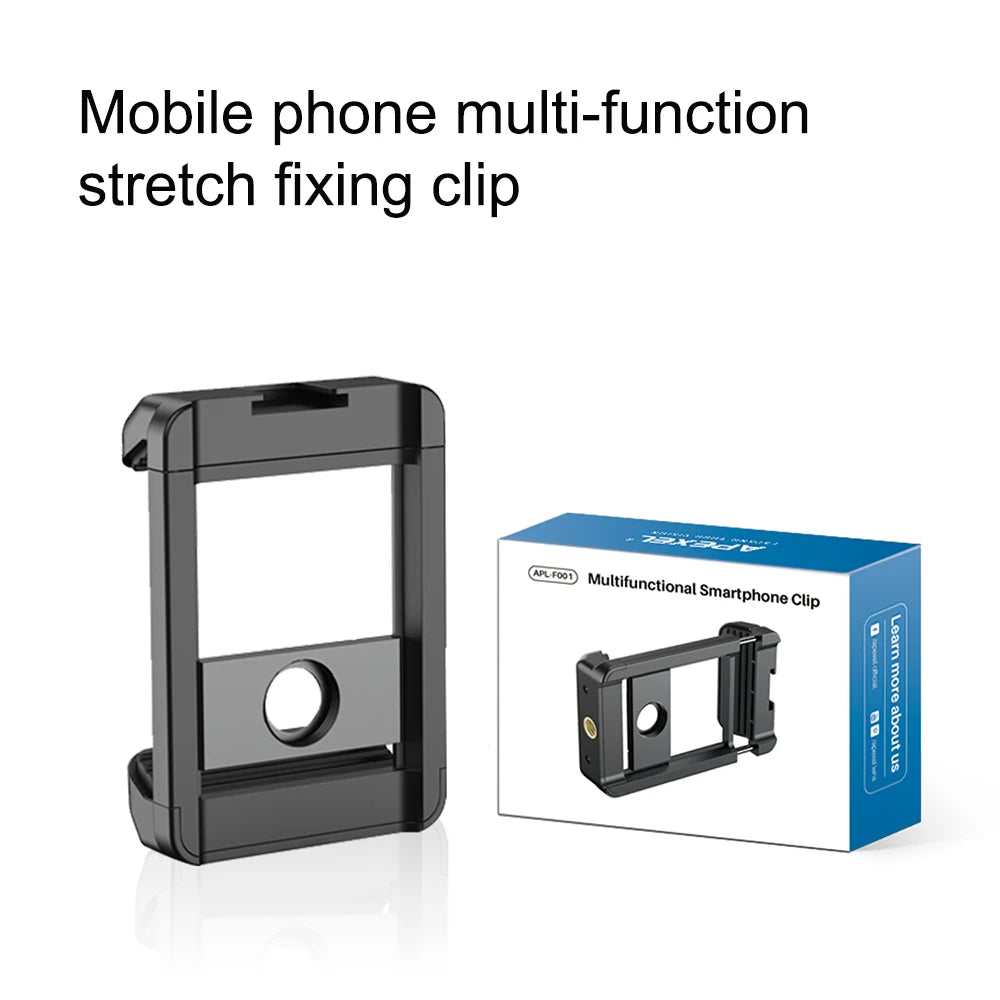 Black Apexel spring-loaded phone clamp with a threaded lens ring in the centre and a tripod screw hole on the side