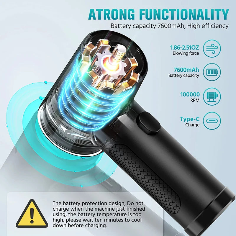 Black handheld cordless air blower with a lightning icon on the grip, five nozzle attachments and a USB cable
