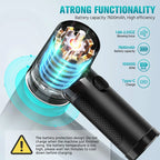 Black handheld cordless air blower with a lightning icon on the grip, five nozzle attachments and a USB cable