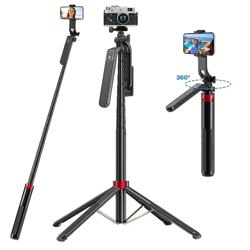 Black selfie stick tripod with a phone clamp shown fully extended beside a standing man, folded, and set up as a short tripod
