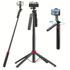 Black selfie stick tripod with a phone clamp shown fully extended beside a standing man, folded, and set up as a short tripod
