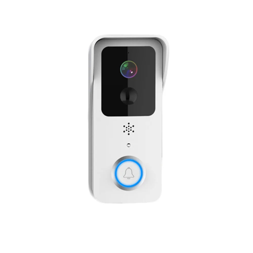 White video doorbell with a camera and a ring button, shown with a white plug-in chime and two blue batteries