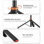 Black and orange Uurig stick with 360, action and compact cameras, as a long stick, a handle and a tripod, plus an adapter