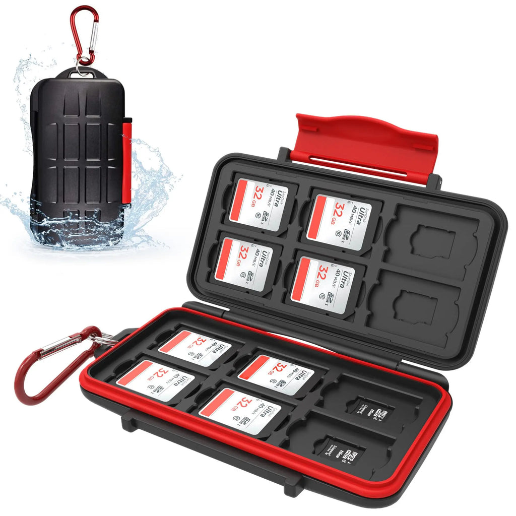 Black hard card case with a red seal, open to show SD cards in moulded slots, with a second closed case shown in water