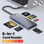 Grey six-slot card reader beside a laptop with CF, SD, microSD, M2 and Memory Stick cards laid around it