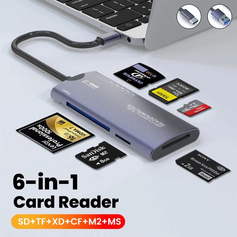 Grey six-slot card reader beside a laptop with CF, SD, microSD, M2 and Memory Stick cards laid around it
