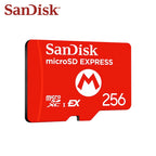 Red SanDisk microSD Express 256GB card with a white mushroom-style M logo printed on the face