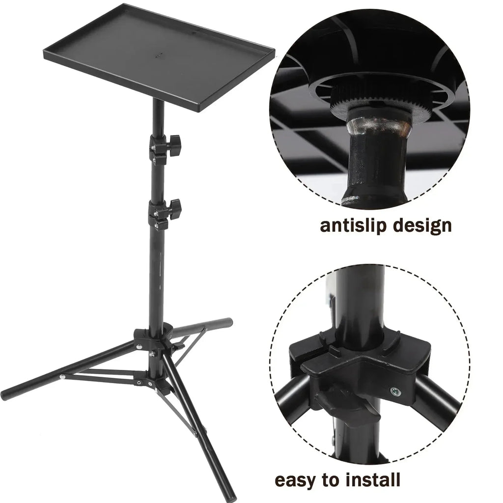 Black tripod stand with a rectangular tray on a telescoping pole, with close-ups of the tray mount and the leg joint
