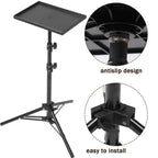 Black tripod stand with a rectangular tray on a telescoping pole, with close-ups of the tray mount and the leg joint