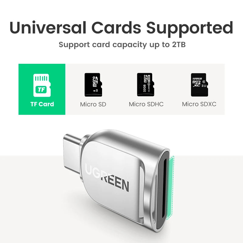 Small silver metal microSD card reader with a USB-C plug and a short wrist strap on a split ring