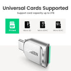 Small silver metal microSD card reader with a USB-C plug and a short wrist strap on a split ring