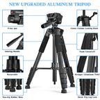 Black tripod with padded legs, a pan head and handle, shown with a phone holder, a DSLR, a spare plate and a folded view