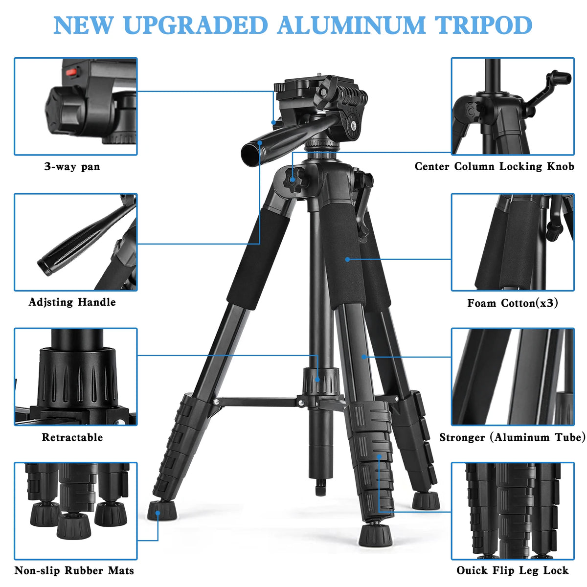 Black tripod with padded legs, a pan head and handle, shown with a phone holder, a DSLR, a spare plate and a folded view