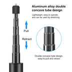 Black Puluz selfie stick on small tripod legs with a 360 camera on top, and a close-up of its knurled screw connector
