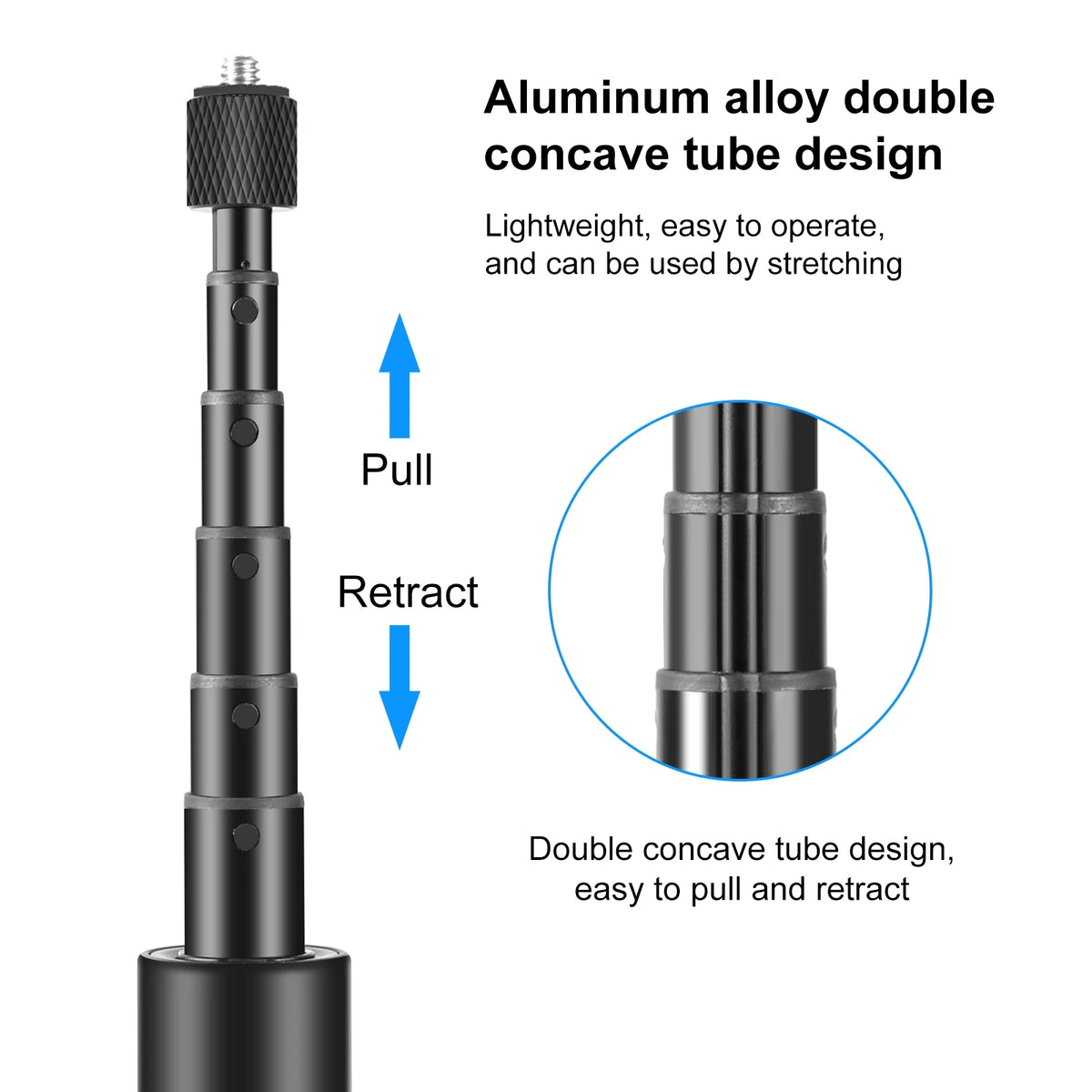 Black Puluz selfie stick on small tripod legs with a 360 camera on top, and a close-up of its knurled screw connector