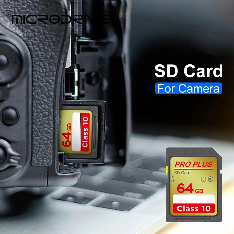 Four gold Microdrive Pro Plus SD cards marked 32, 64, 128 and 256GB with Class 10 and U3 symbols
