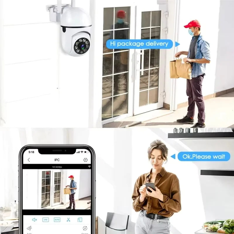 White dome security camera with two antennas and a ring of lights, marked with 355 and 90 degree rotation arrows