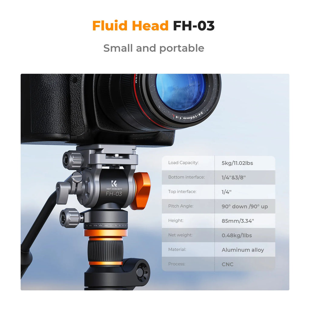 Silver and orange K&F Concept fluid video head with a long black pan handle and a quick release plate on top