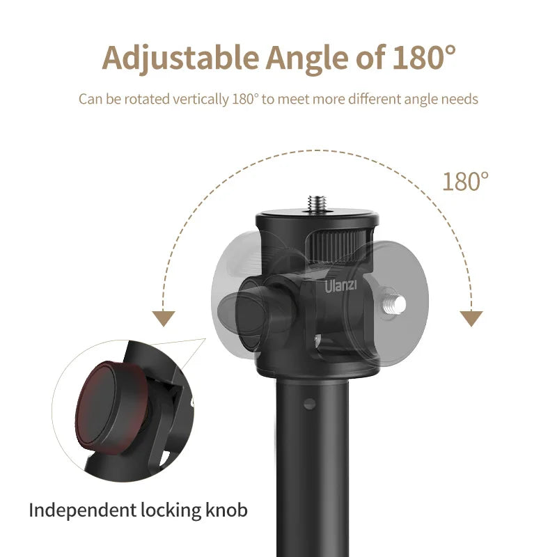 Black Ulanzi tripod stand with three splayed legs, a telescoping center pole, a red locking ring and a tilting mount on top