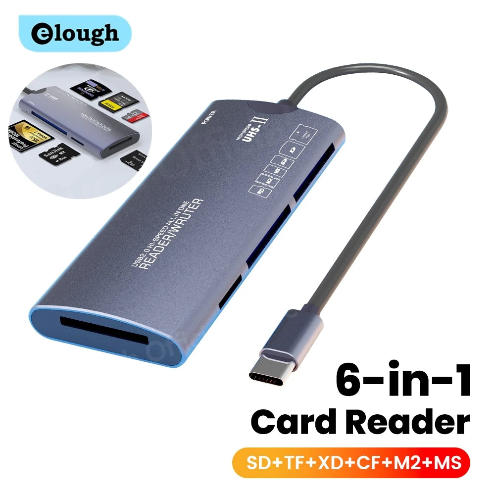 Grey aluminium six-slot card reader with an attached USB-C cable, printed 6-in-1 SD TF XD CF M2 MS