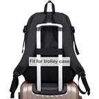 Black camera backpack shown closed and open, with grey dividers holding a DSLR, several lenses and a flash