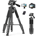 Black tripod with padded legs, a pan head and handle, shown with a phone holder, a DSLR, a spare plate and a folded view
