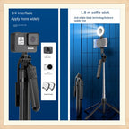 Black phone tripod extended on its legs with a smartphone on top and a remote on the pole, plus a folded one beside it