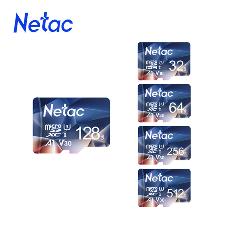 Five blue Netac microSD cards in a row marked 32, 64, 128, 256 and 512 GB on a white background