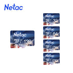 Five blue Netac microSD cards in a row marked 32, 64, 128, 256 and 512 GB on a white background