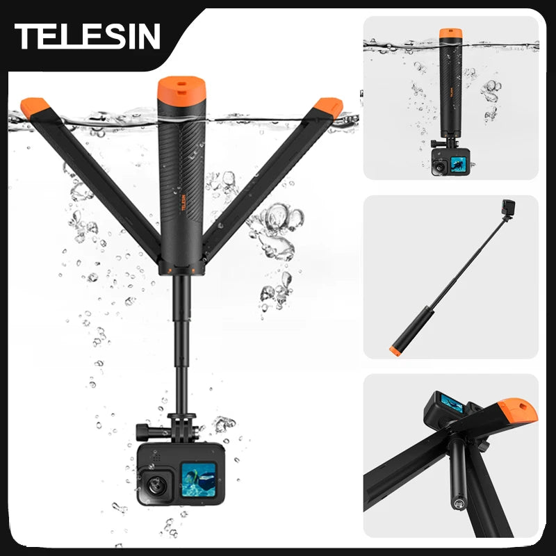Black and orange floating grip with its tripod legs spread, holding an action camera underwater on an extended pole