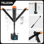 Black and orange floating grip with its tripod legs spread, holding an action camera underwater on an extended pole