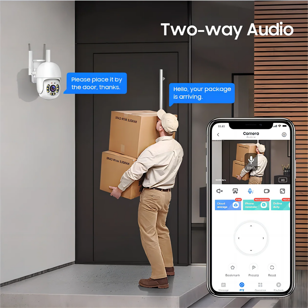 White dome pan-tilt security camera with two antennas on a wall bracket, beside a hand holding a phone showing a yard