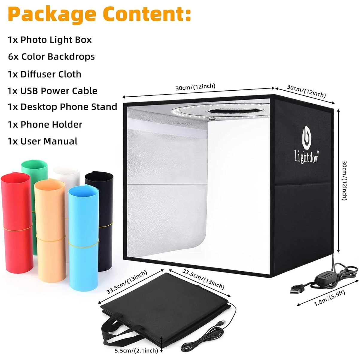 Black Lightdow cube light box with a ring of LEDs inside, six rolled color backdrops and the box folded flat with a handle