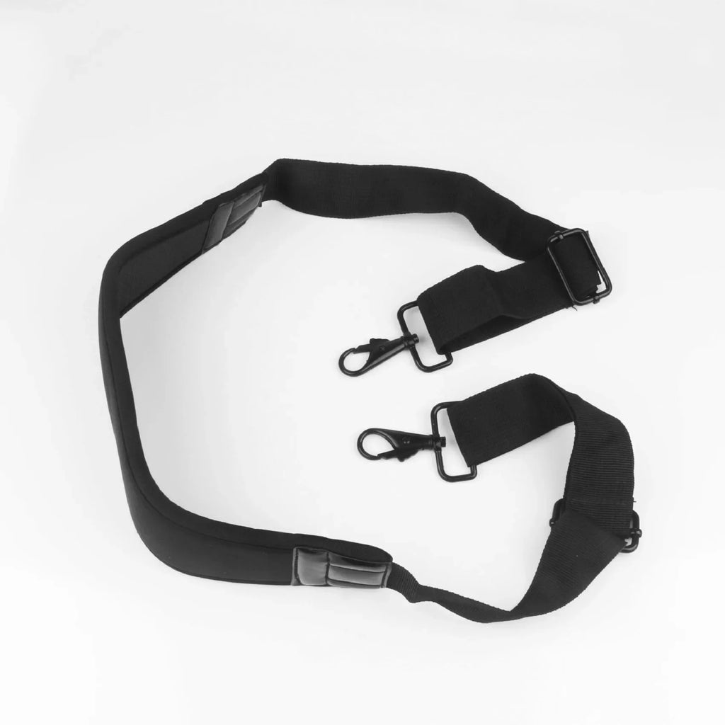 Black adjustable shoulder strap with a wide padded shoulder pad and a swivel snap hook at each end