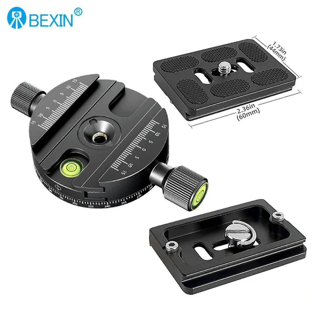 Round black Bexin clamp with scale markings, two locking knobs, a bubble level and a degree ring around its base
