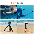 Black and orange floating grip with its tripod legs spread, holding an action camera underwater on an extended pole