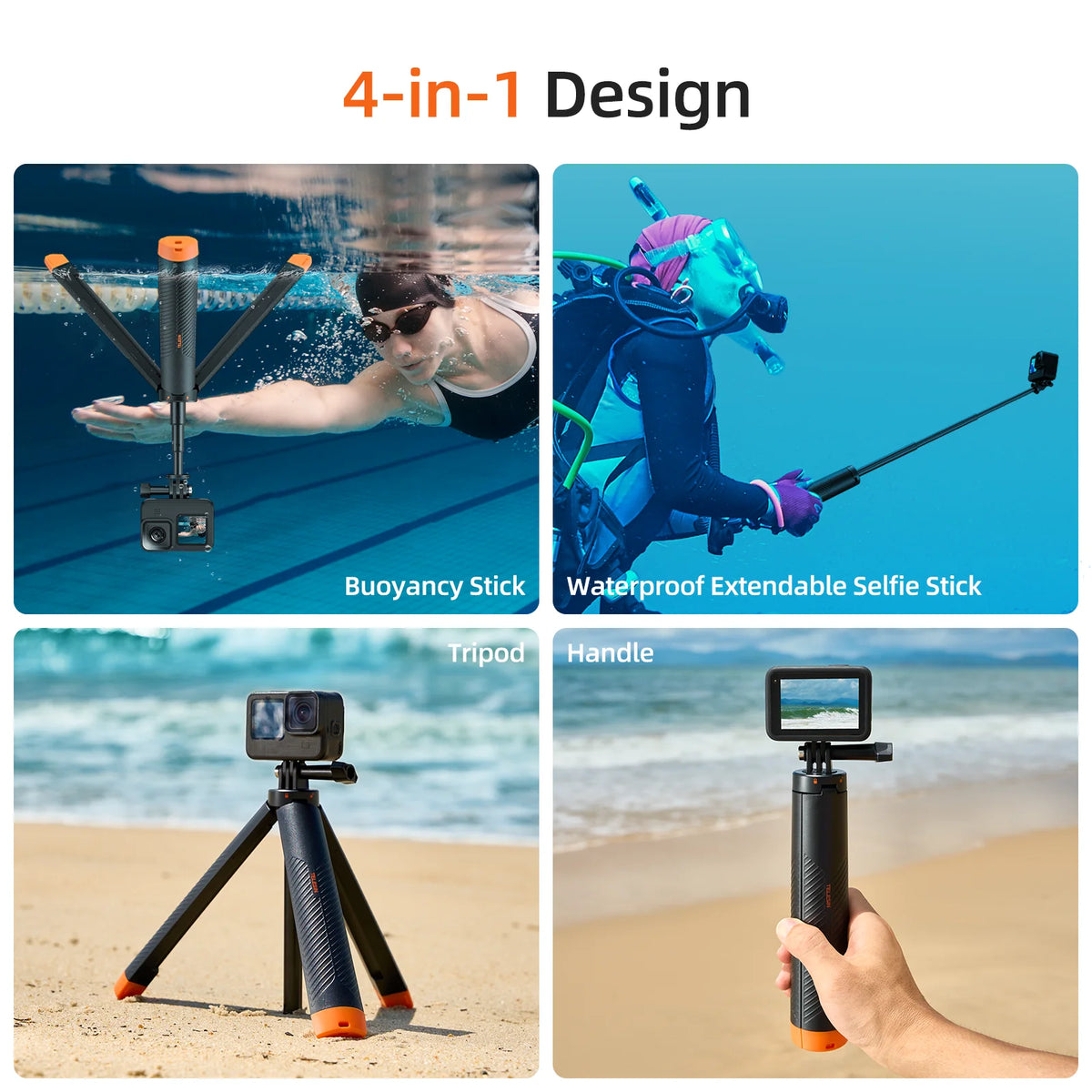 Black and orange floating grip with its tripod legs spread, holding an action camera underwater on an extended pole